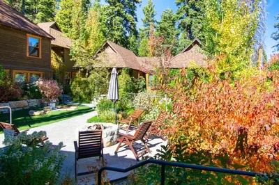 a patio with chairs and an umbrella in a yard at Cedar Crest - Woodpecker Cottage 7 in Homewood