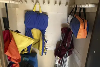 a group of umbrellas hanging on a wall at Cheery Gold Bend Family Condo in Truckee