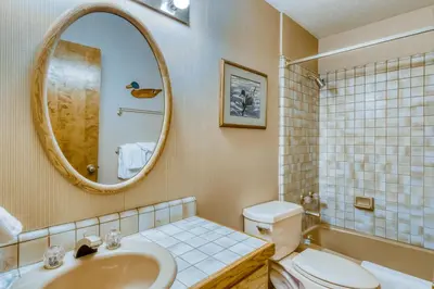 a bathroom with a sink and a toilet and a mirror at Homewood Bliss in Homewood