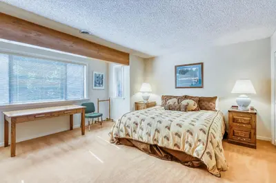a bedroom with a bed and a desk and a window at Homewood Bliss in Homewood