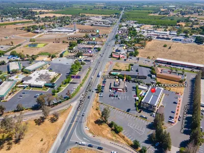 an aerial view of a city intersection with a street at Waterloo Inn in Stockton