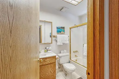 a bathroom with a toilet and a sink and a shower at Poma Lane in Soda Springs