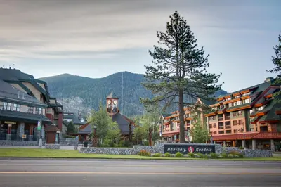 a town with a clock tower in the middle of a street at Tahoe Treetop Escape in Stateline