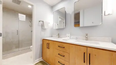 a bathroom with a sink and a shower at Mammoth Green #102 condo in Mammoth Lakes
