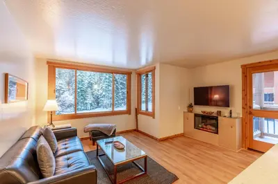 a living room with a couch and a tv at Modern 1 bedroom in Ski Trails condo in Kingswood Estates