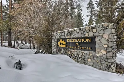 a sign for the recreation and temple center in the snow at 3 Mi to Lake Tahoe Quiet Incline Village Cabin! in Incline Village