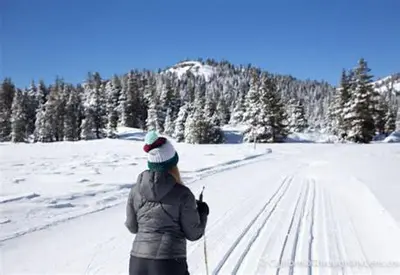 a woman is cross country skiing in the snow at CREEKSIDE LODGE in Markleeville