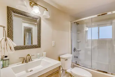 a bathroom with a sink toilet and a shower at Echo Escape in South Lake Tahoe