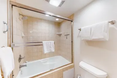 a bathroom with a shower and a tub and a toilet at Summit 70 in Mammoth Lakes