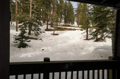 a window view of a snow covered yard with trees at Mammoth Ski Racquet Club 127 in Mammoth Lakes