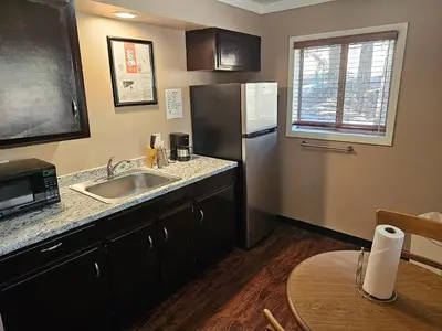a kitchen with a sink and a stainless steel refrigerator at Holiday Haus in Mammoth Lakes