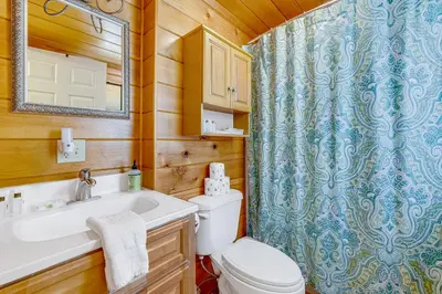 a bathroom with a toilet and a sink and a shower at Yosemite Mountain Cottage in Groveland
