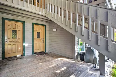 a house with two front doors and a staircase at Hot Tub Access Mammoth Lakes Nature Escape! in Mammoth Lakes
