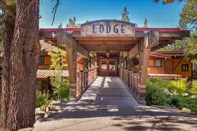 a building with a sign that reads lodge at Truckee Treat in Truckee