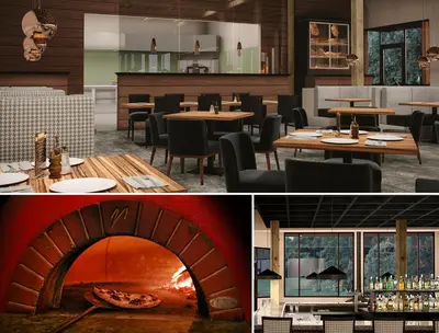 a restaurant with a pizza oven and tables and chairs at Cozy mountain retreat with lake views near Yosemite in Groveland