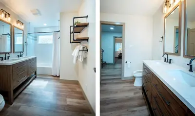 two pictures of a bathroom with a sink and a toilet at 12R Hilltop Haven in North Wawona