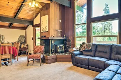 a living room with a couch and a stove at Cabin Less Than Half-Mi from Pine Mountain Lake Marina! in Groveland