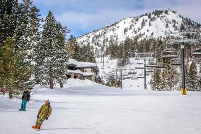 two people standing in the snow at a ski resort at Creekhouse 1332 in Mammoth Lakes