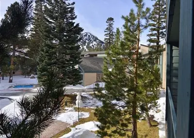 a snow covered yard with trees and a mountain at St Anton Courtyard View Ski-In and Out 1 Bedroom Condo in Mammoth Lakes