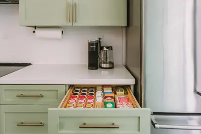 a drawer in a kitchen filled with lots of food at Sacramento Guest House with Patio about 5 Mi to Downtown in Sacramento