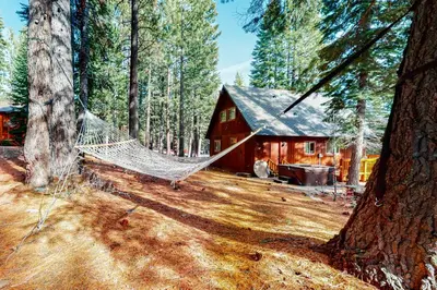 a hammock in front of a cabin in the woods at Truckee Secret in Truckee
