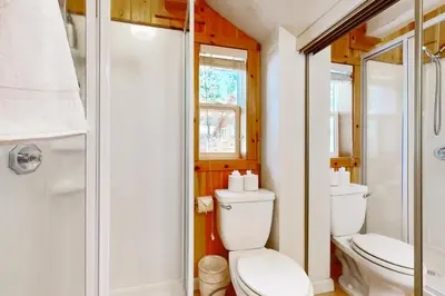 a bathroom with a toilet and a shower at Little Pinecone Retreat in Truckee