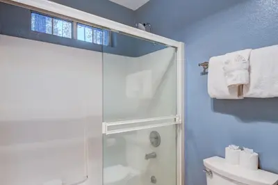 a bathroom with a shower and a toilet at Mountainside Retreat in Truckee
