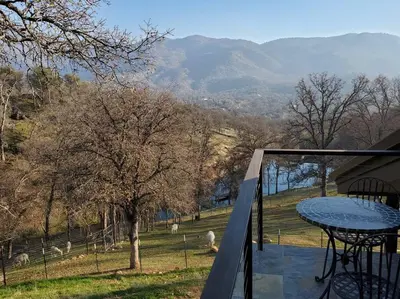 a patio with a table and a view of a field at Matanah Meadows Farm, Great for 2 Families, Sequoia National Park and Working Farm in Three Rivers