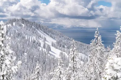 a snow covered mountain with trees and a body of water at Peace Among the Pines in Incline Village