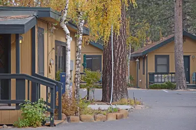 a row of houses with trees in front of them at Franciscan Lodge in Tahoe Vista