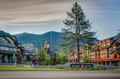 a town in the mountains with a clock tower at Cozy Cabin Retreat in South Lake Tahoe