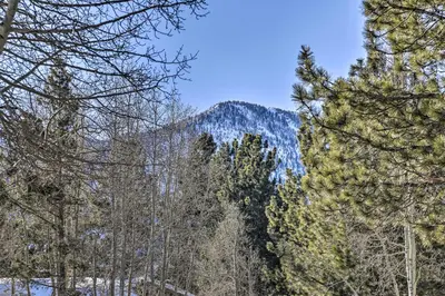 a mountain in the distance with trees in the foreground at Epic Mammoth Lakes Getaway with Shared Pool, Hot Tub in Mammoth Lakes