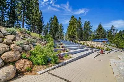 a row of stone steps with plants and a fire hydrant at Overlook Nook in Stateline