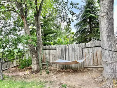 a hammock hanging between two trees in a backyard at DT Reno - 4BR Home with Patio, BBQ Grill, Games Room in Reno