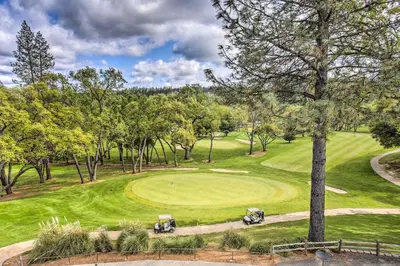 an overhead view of a golf course with two golf carts at Hikers Escape Home Near Beach, Golf and Yosemite in Groveland