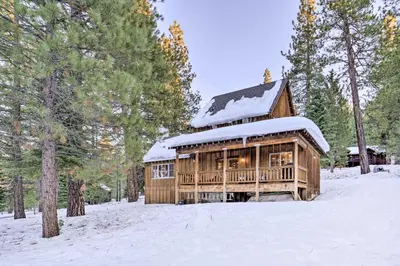 a log cabin with snow on the roof at Furnished Deck Cabin on Northstar Shuttle Route! in Truckee