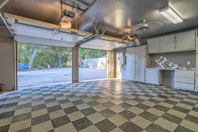 an empty garage with a view of a street at Red Oasis in Oakhurst