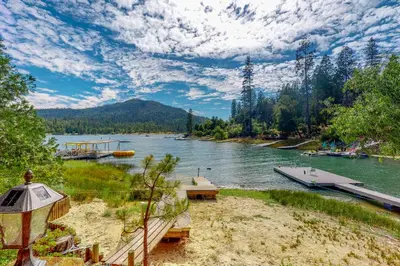 a view of a river with a boat dock at Twets Lakefront in Bass Lake