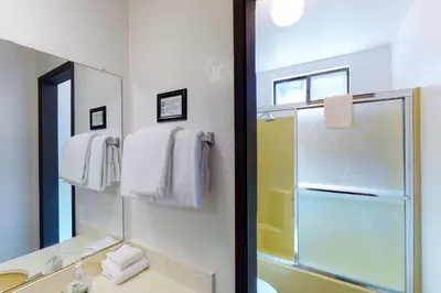 a bathroom with a shower and a sink and a mirror at Yosemite Big Rock Cabin in Fish Camp
