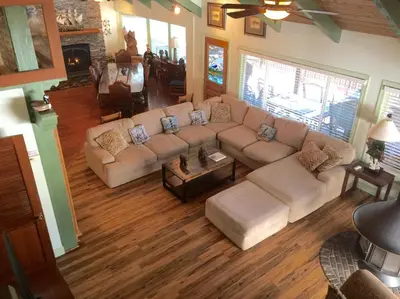 an overhead view of a living room with a couch at Knott Lakeview in Bass Lake