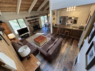 an overhead view of a living room with a couch at 2 Bedrooms Standard Condos in Mammoth Lakes