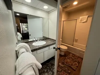 a bathroom with a sink and a toilet and a mirror at 2 Bedrooms Standard Condos in Mammoth Lakes