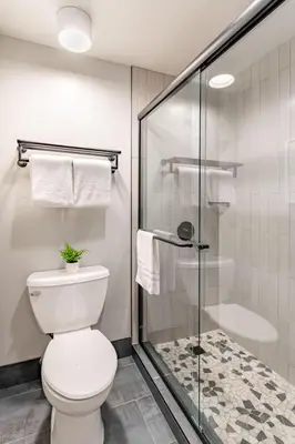 a bathroom with a toilet and a glass shower at The Incline Lodge in Incline Village