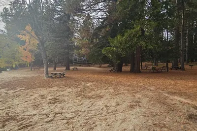 a park with benches and trees in a field at Hidden Haven in Arnold