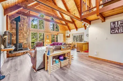 a living room with a couch and a fireplace at Tranquility in the Woods in Arnold