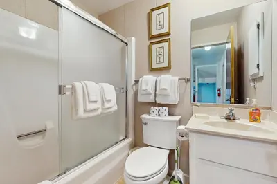 a bathroom with a toilet and a shower and a sink at Katherine Court Townhouse in Stateline