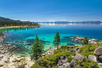 a view of crater lake from the shore at Lake View Escape in Incline Village