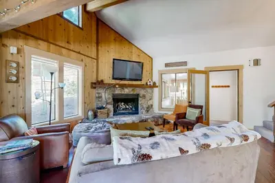 a living room with a couch and a fireplace at Wolfgang Dreams in Truckee