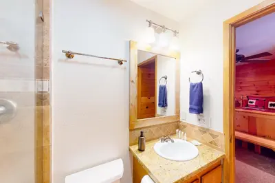 a bathroom with a sink and a mirror at St Bernard Oasis in Truckee