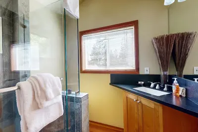 a bathroom with a sink and a shower at Silverado Escape in Tahoe City